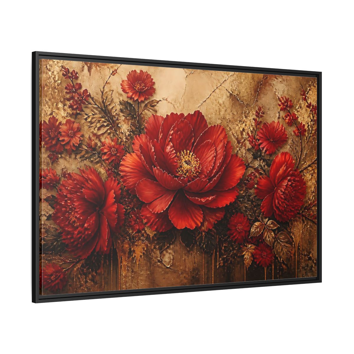 Side Mockup 12. Scarlet Peony On Gold shown as framed canvas print