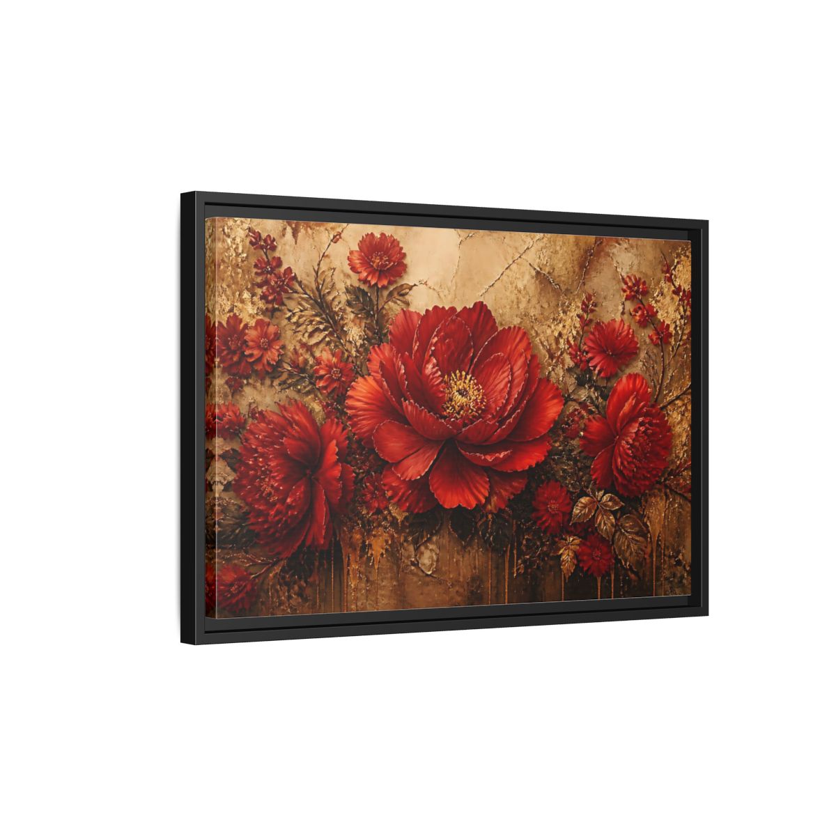 Side Mockup 3. Scarlet Peony On Gold shown as framed canvas print