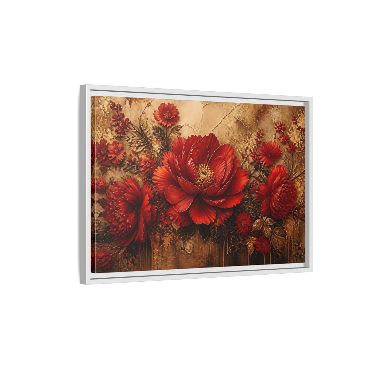 Side Mockup 1. Scarlet Peony On Gold shown as framed canvas print