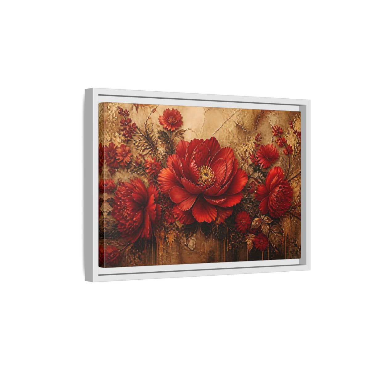 Side Mockup 4. Scarlet Peony On Gold shown as framed canvas print