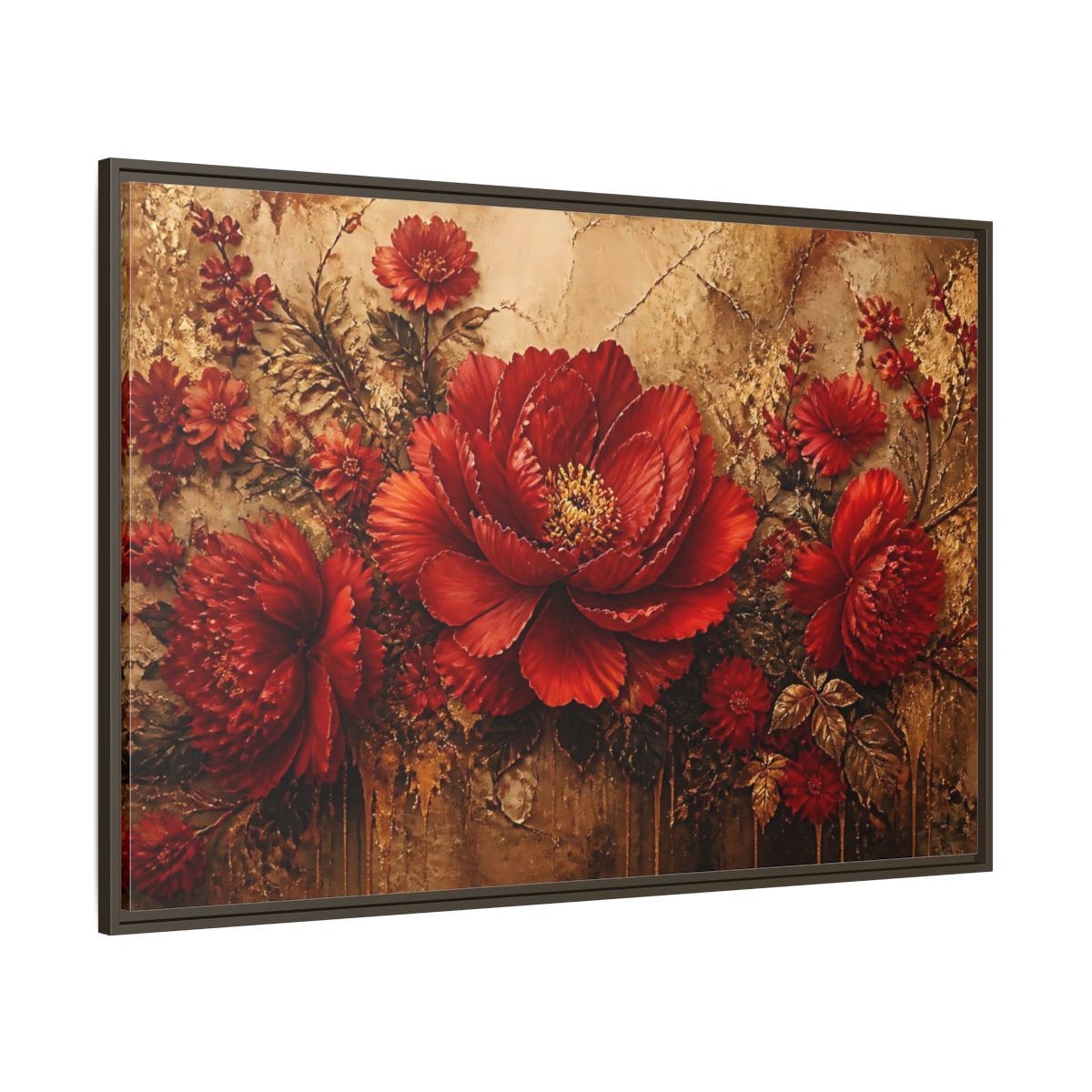 Side Mockup 8. Scarlet Peony On Gold shown as framed canvas print