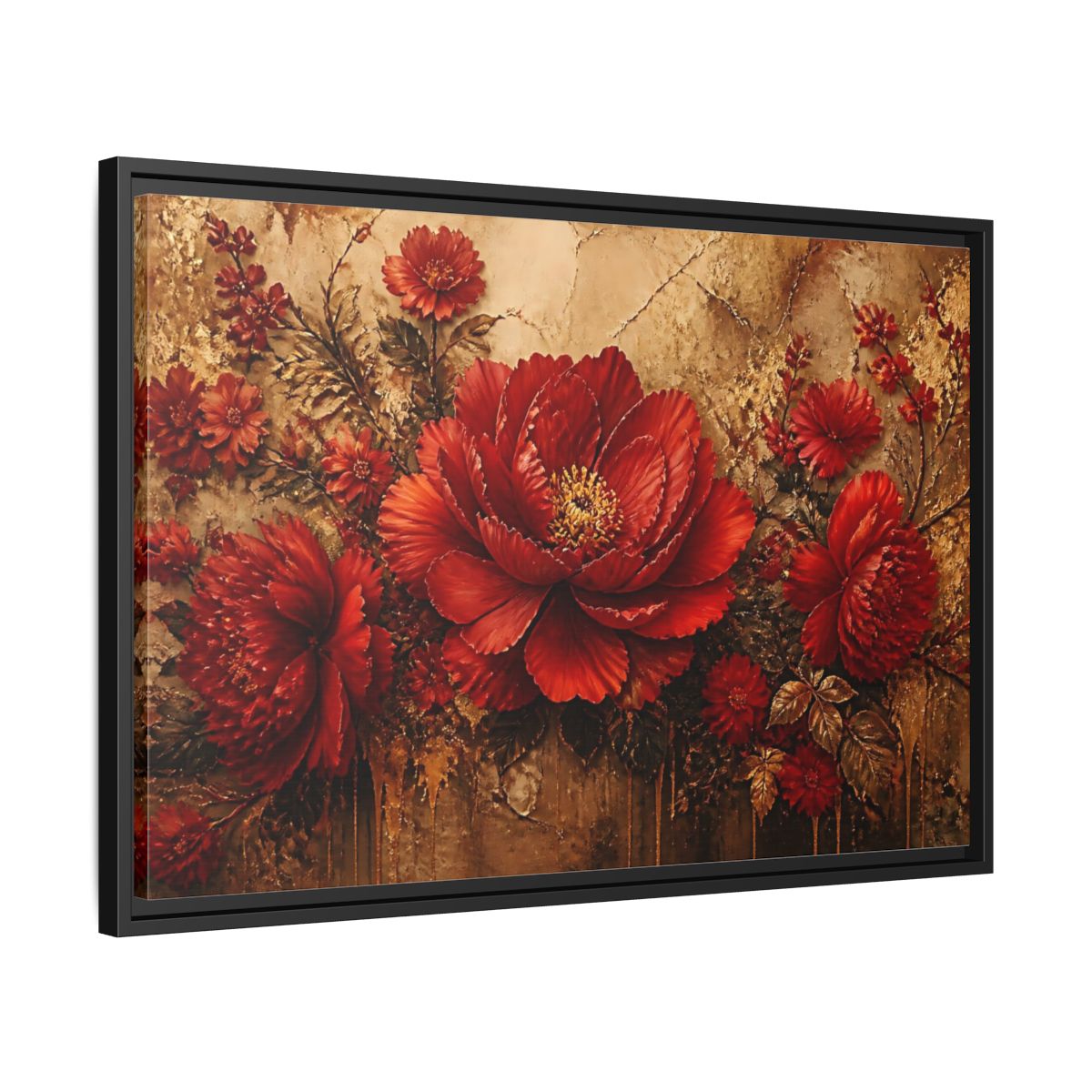 Side Mockup 14. Scarlet Peony On Gold shown as framed canvas print