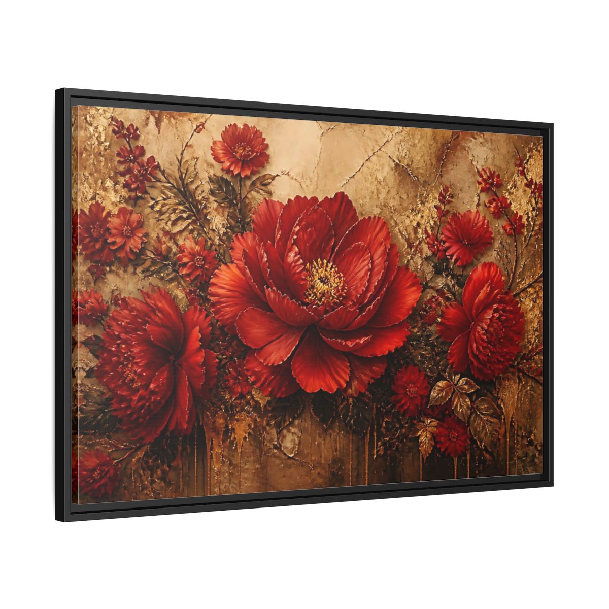 Side Mockup 13. Scarlet Peony On Gold shown as framed canvas print