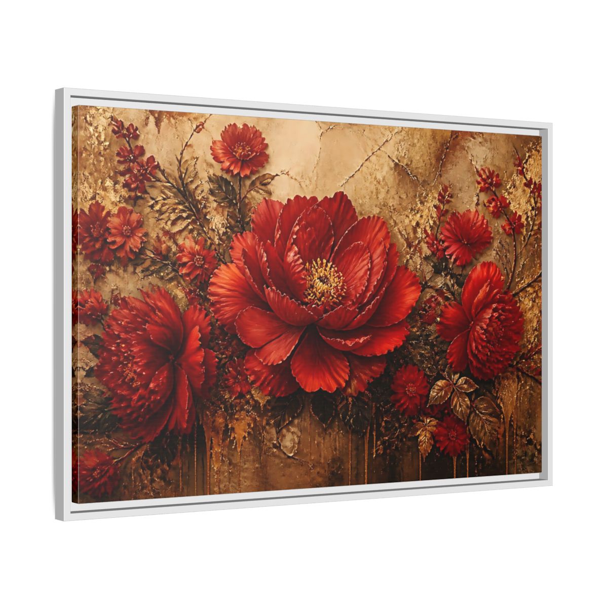 Side Mockup 9. Scarlet Peony On Gold shown as framed canvas print