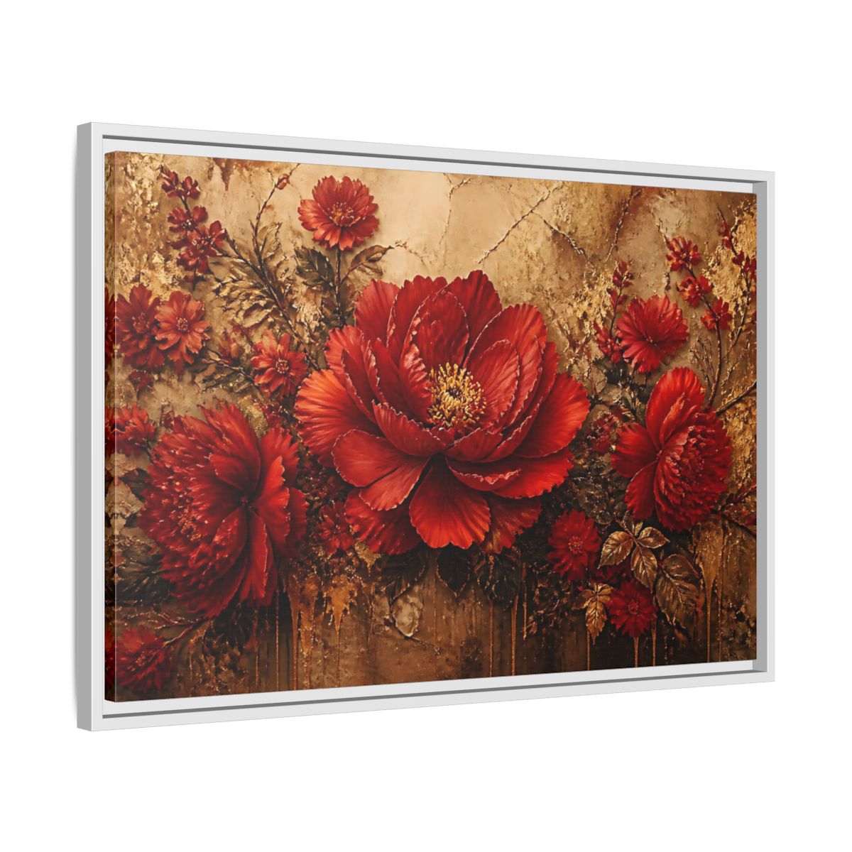 Side Mockup 10. Scarlet Peony On Gold shown as framed canvas print