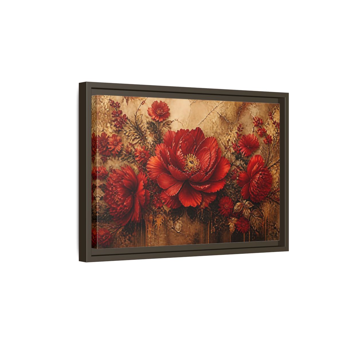 Side Mockup 5. Scarlet Peony On Gold shown as framed canvas print