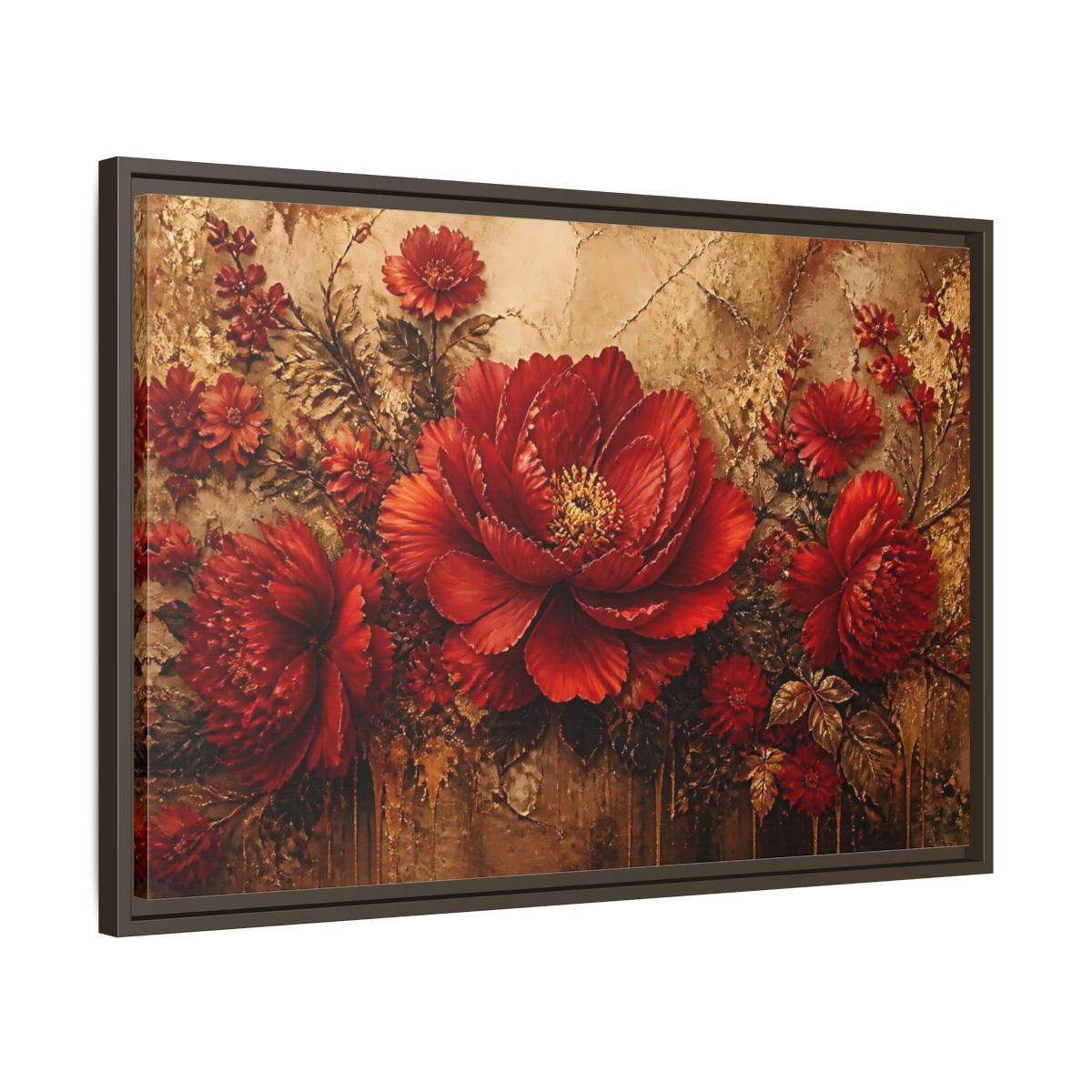 Side Mockup 11. Scarlet Peony On Gold shown as framed canvas print