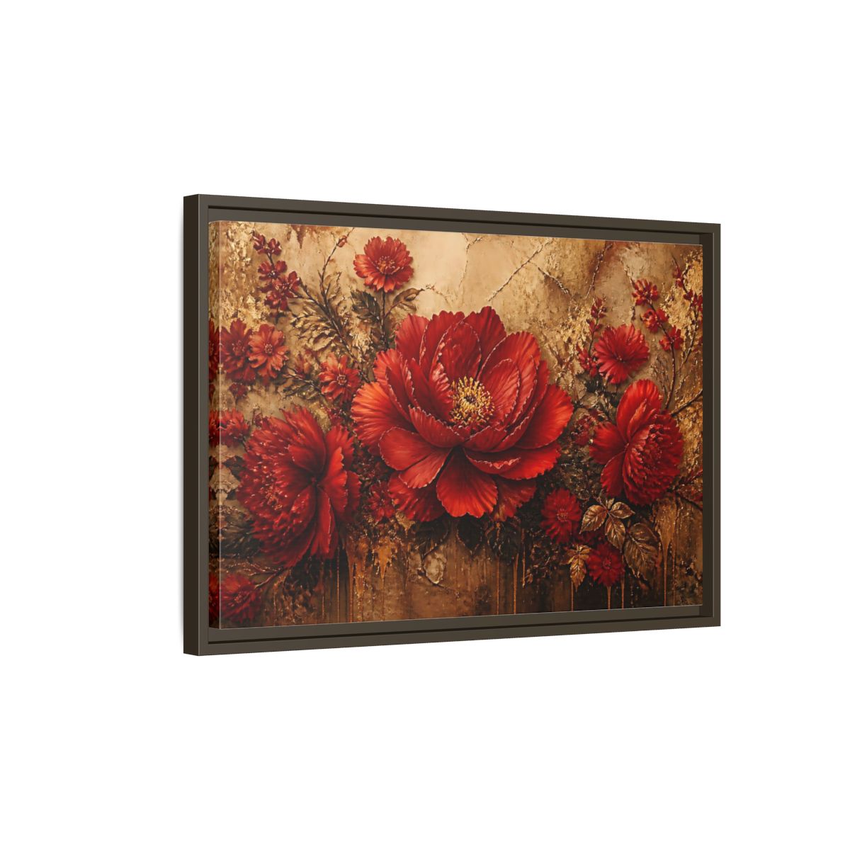 Side Mockup 2. Scarlet Peony On Gold shown as framed canvas print