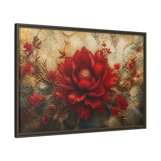 Main Mockup. Scarlet Peony On Gold shown as framed canvas print
