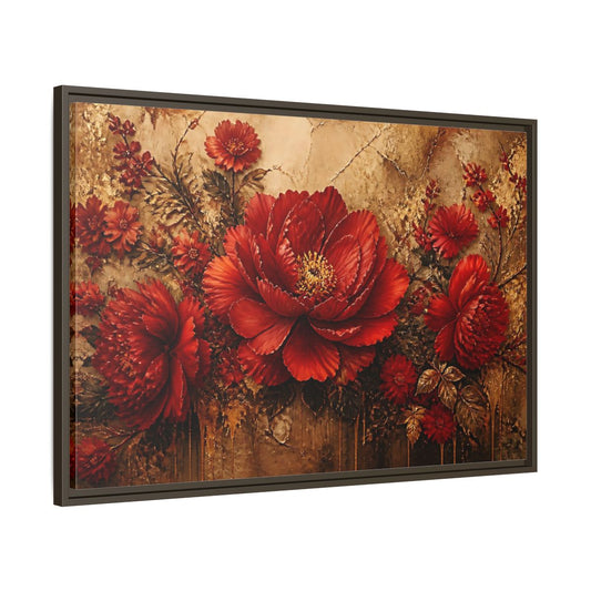 Main Mockup. Scarlet Peony On Gold shown as framed canvas print