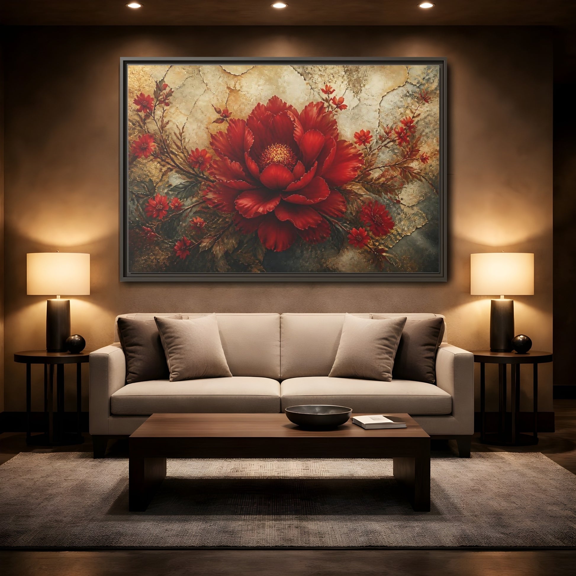 Mockup 2. Scarlet Peony On Gold shown as framed canvas print