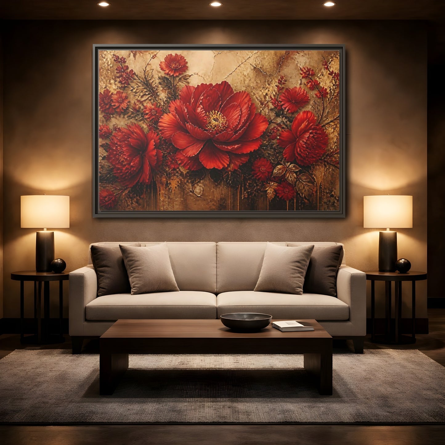 Mockup 2. Scarlet Peony On Gold shown as framed canvas print