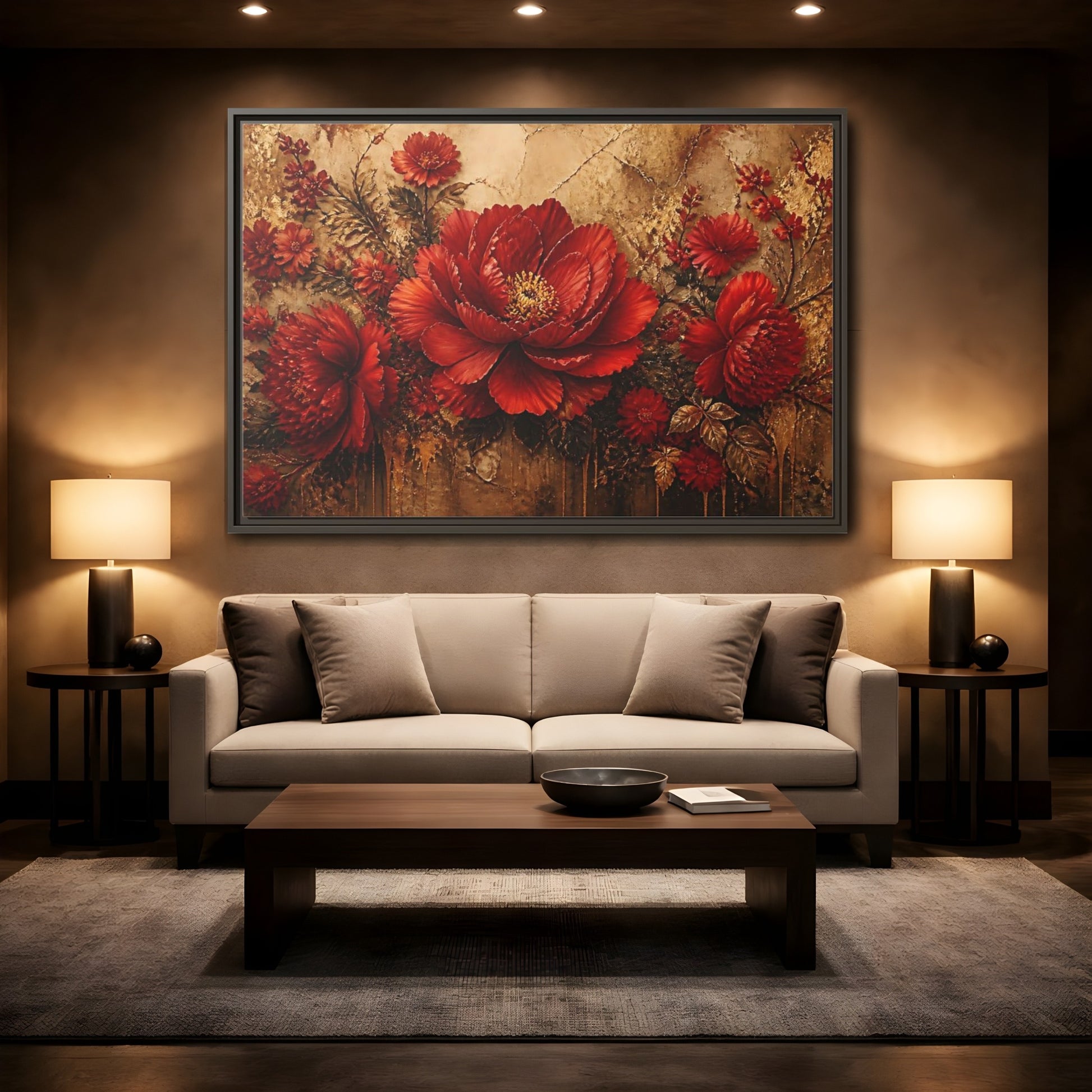 Mockup 2. Scarlet Peony On Gold shown as framed canvas print