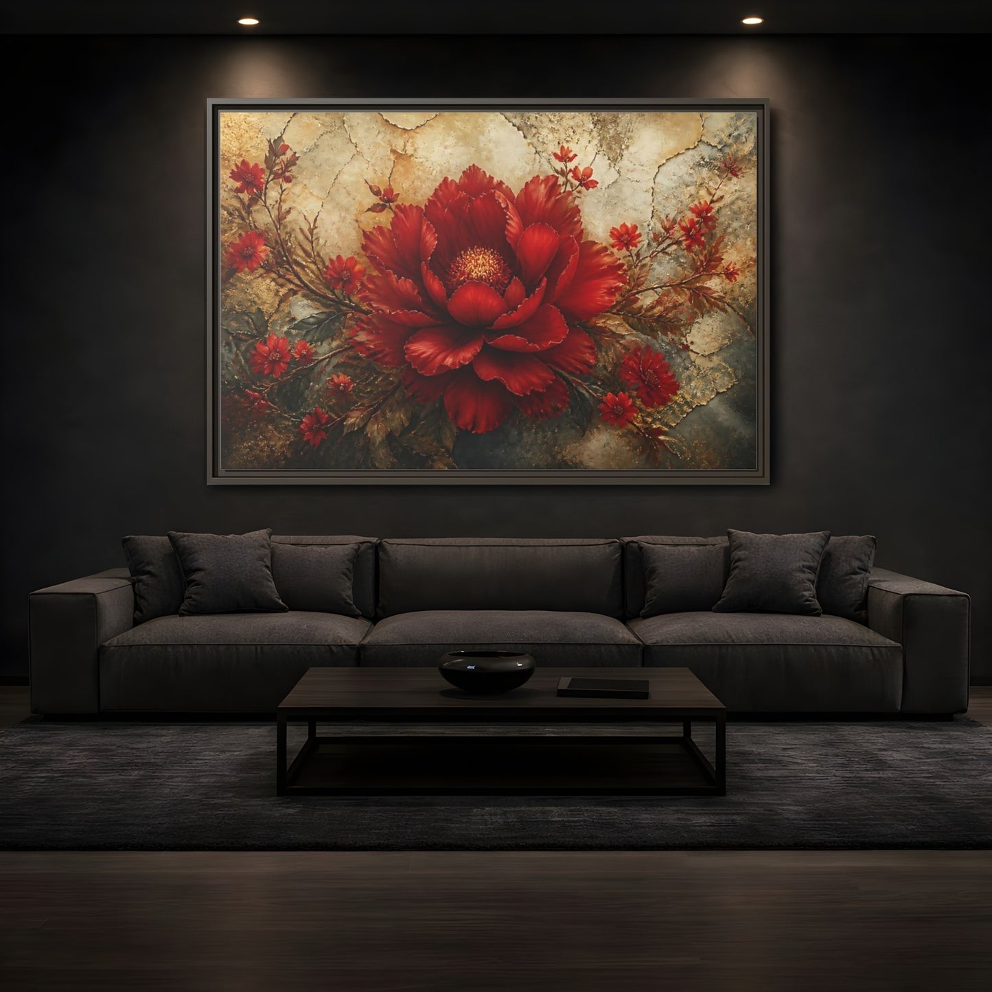 Mockup 3. Scarlet Peony On Gold shown as framed canvas print