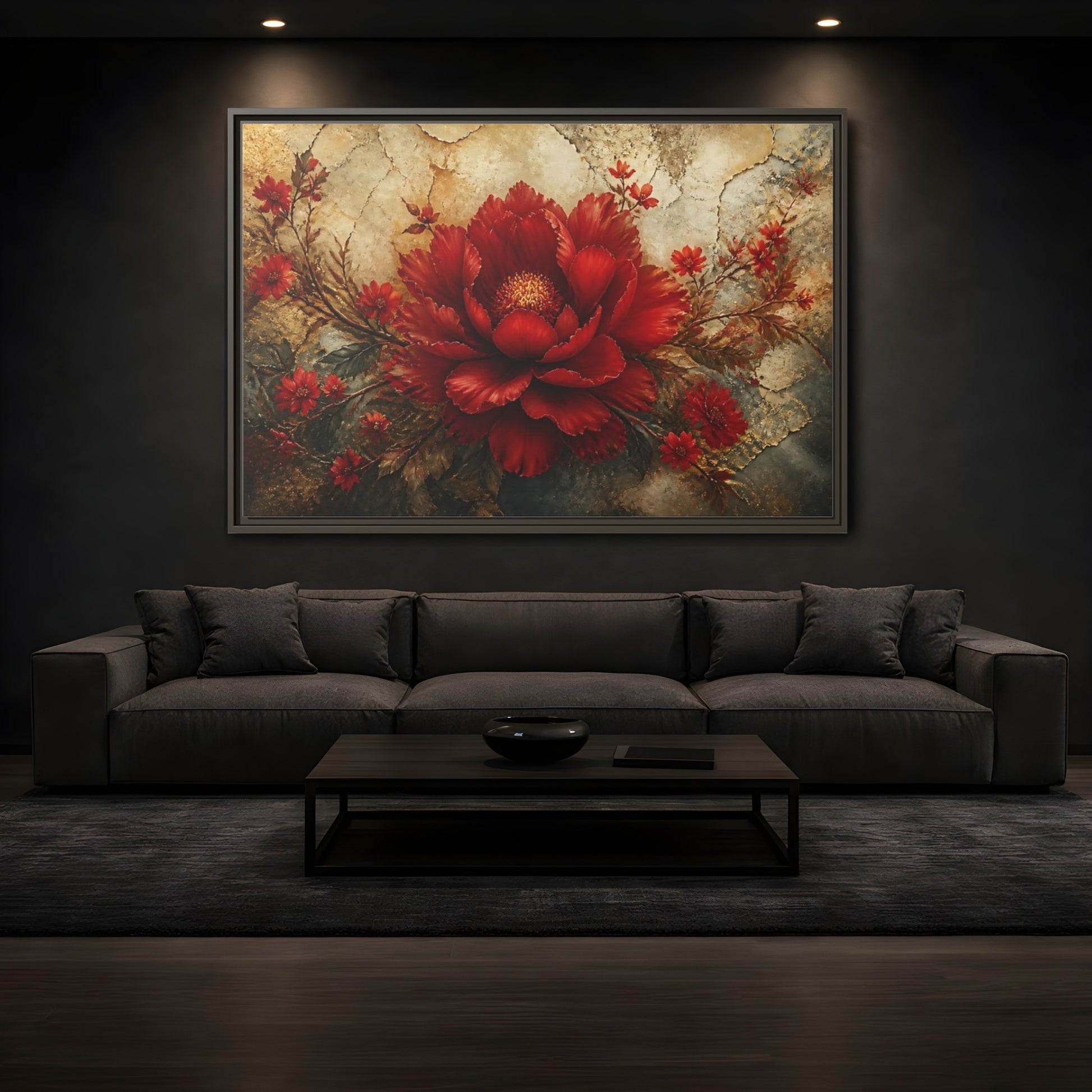 Mockup 3. Scarlet Peony On Gold shown as framed canvas print