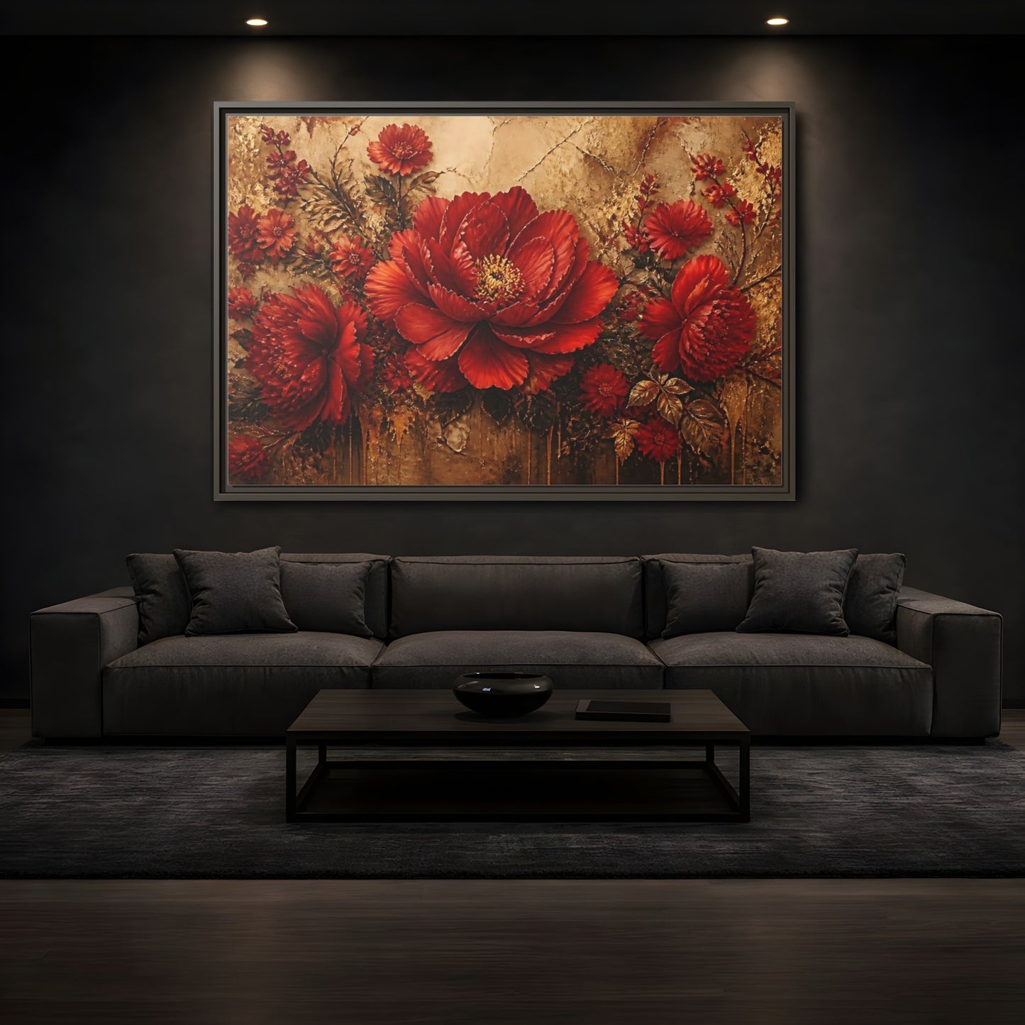 Mockup 3. Scarlet Peony On Gold shown as framed canvas print
