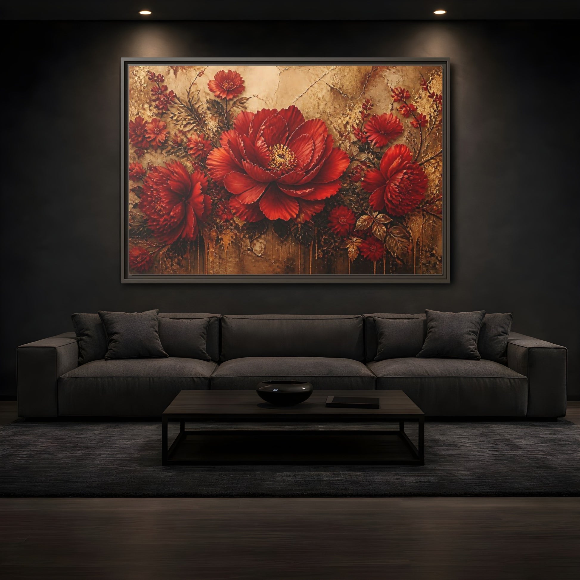 Mockup 3. Scarlet Peony On Gold shown as framed canvas print