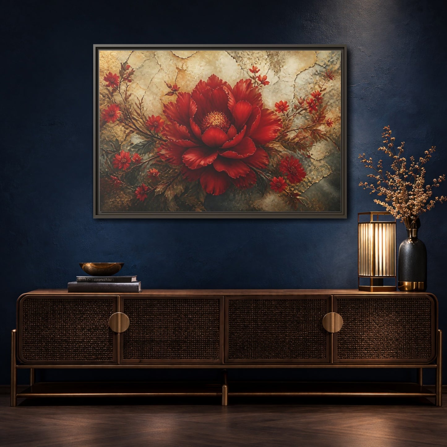 Mockup 4. Scarlet Peony On Gold shown as framed canvas print