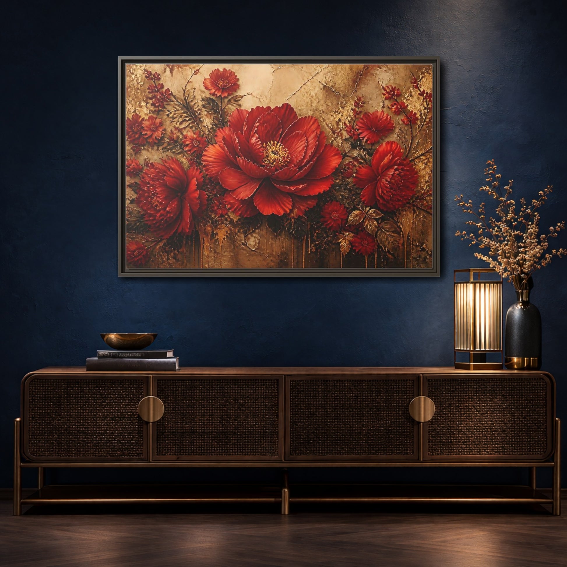 Mockup 4. Scarlet Peony On Gold shown as framed canvas print