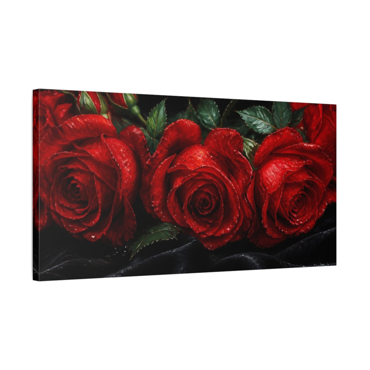 Side Mockup 1. Scarlet Roses On Velvet shown as canvas print