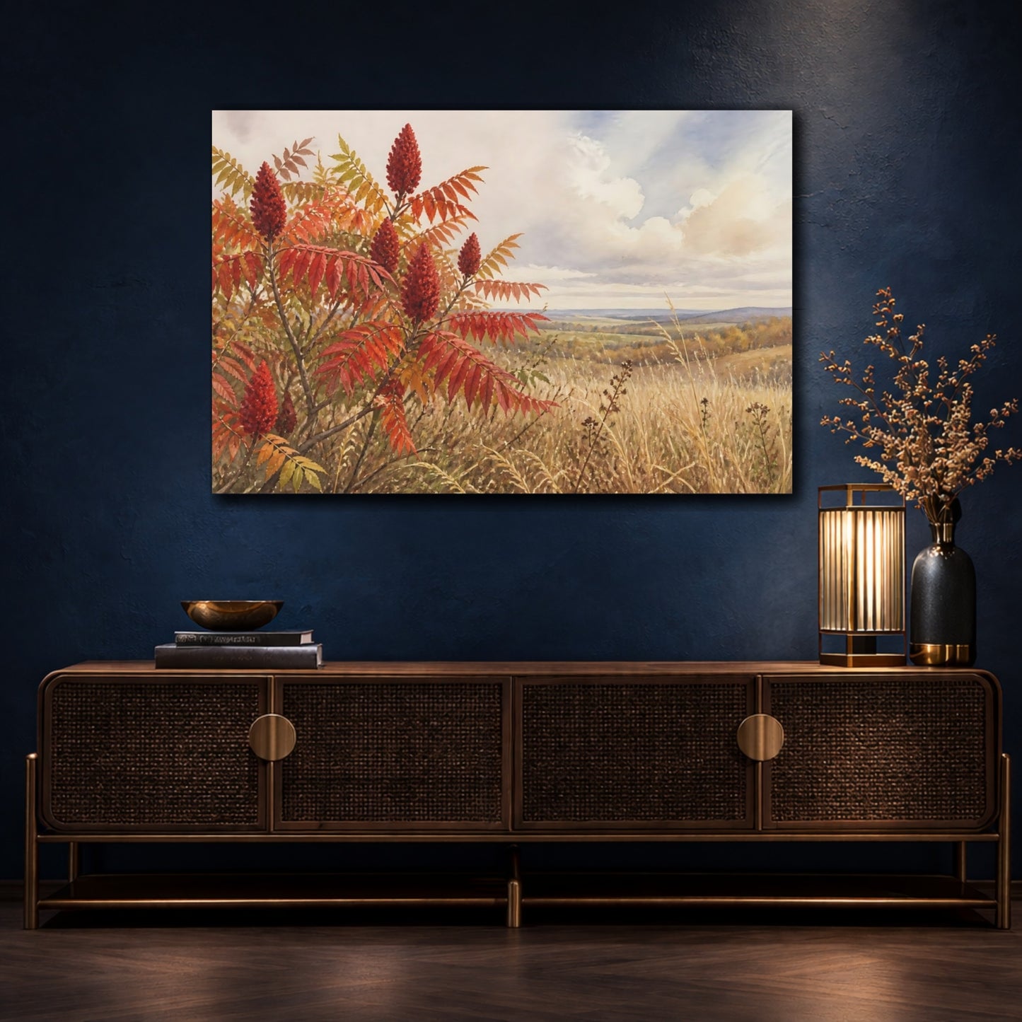 Mockup 4. Scarlet Sumac Meadow shown as canvas print