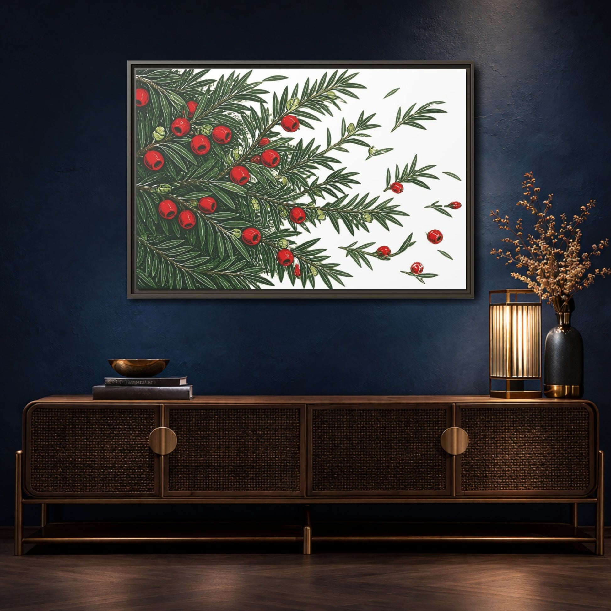 Mockup 4. Scarlet Yew Branches shown as framed canvas print