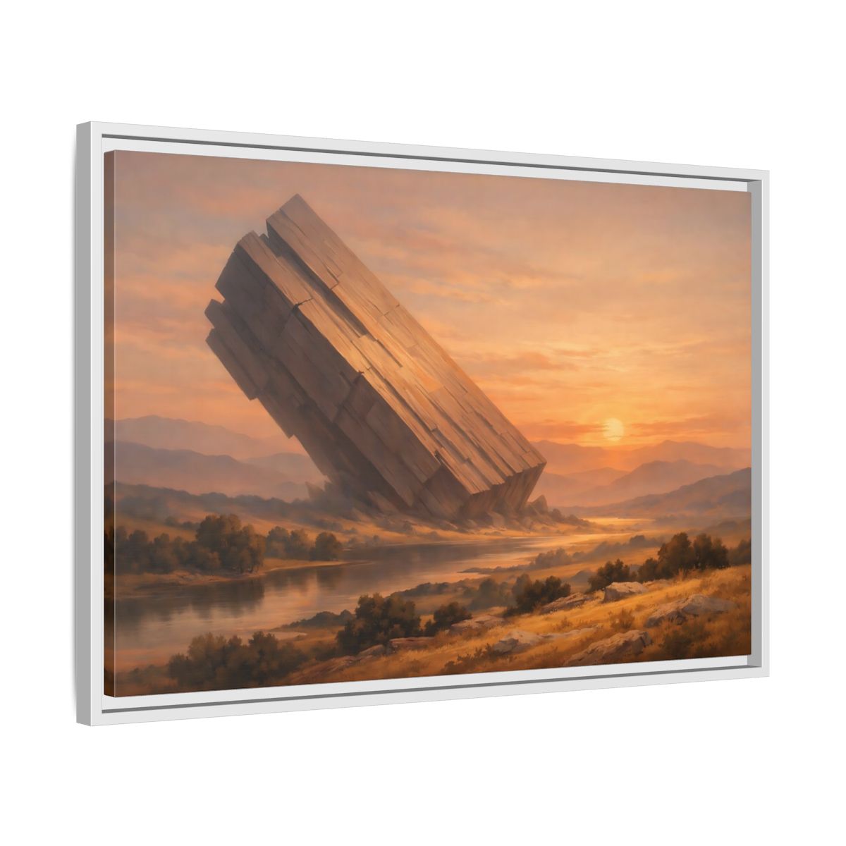 Side Mockup 10. Science Fiction Abstract Monolith Orange Landscape shown as stretched canvas wall art