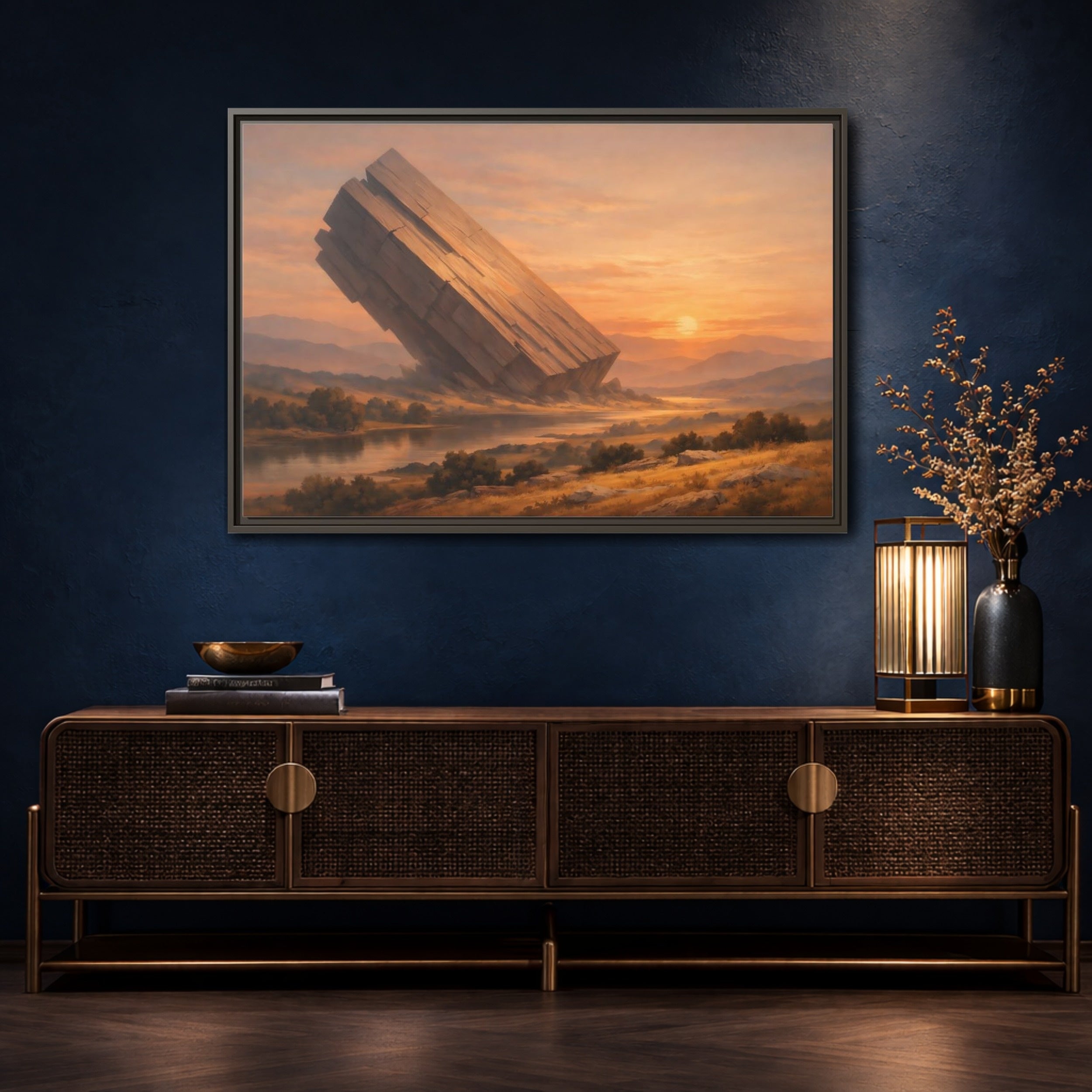 Mockup 4. Science Fiction Abstract Monolith Orange Landscape shown as stretched canvas wall art