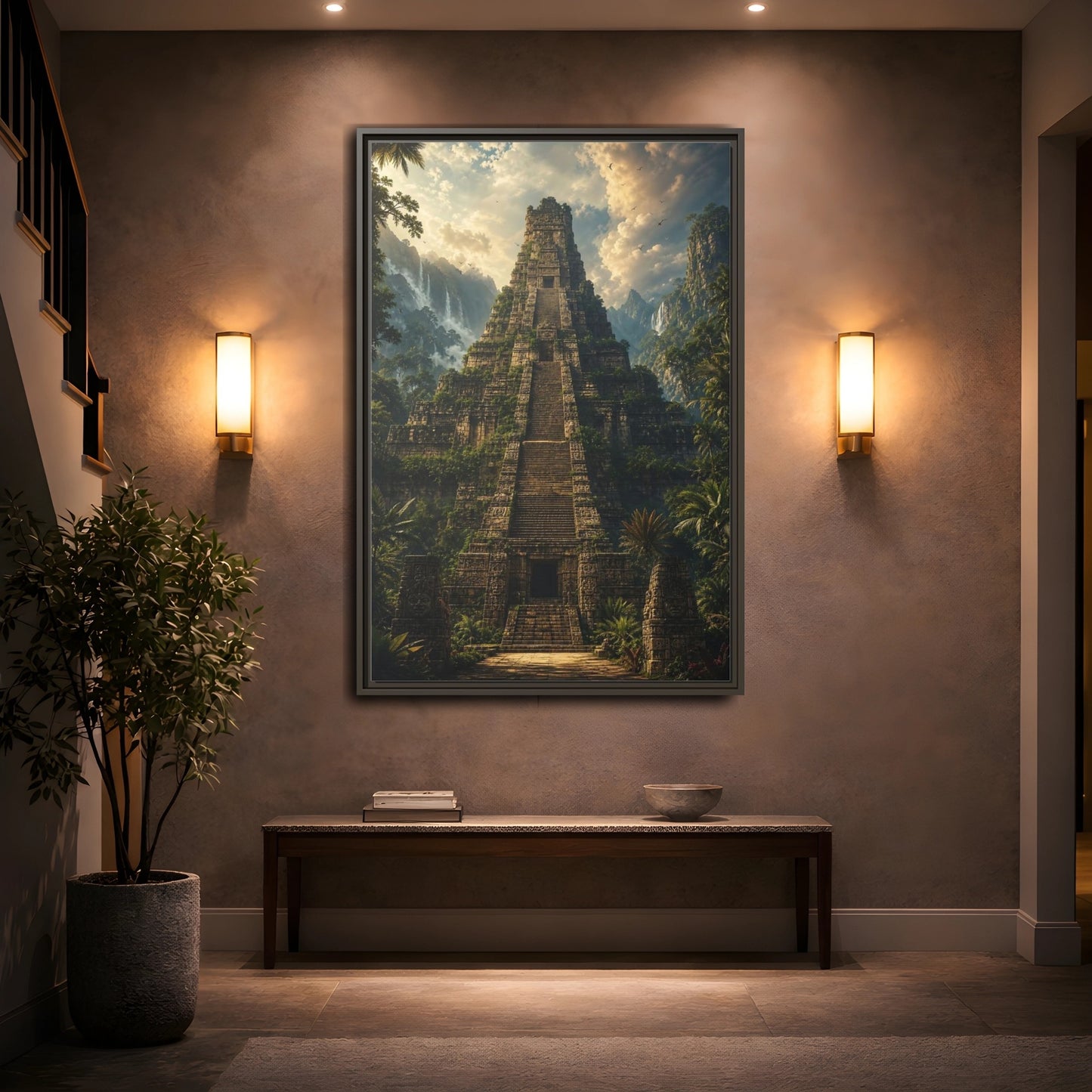 Mockup 2. Science Fiction Ancient Temple Jungle Temple shown as stretched canvas wall art