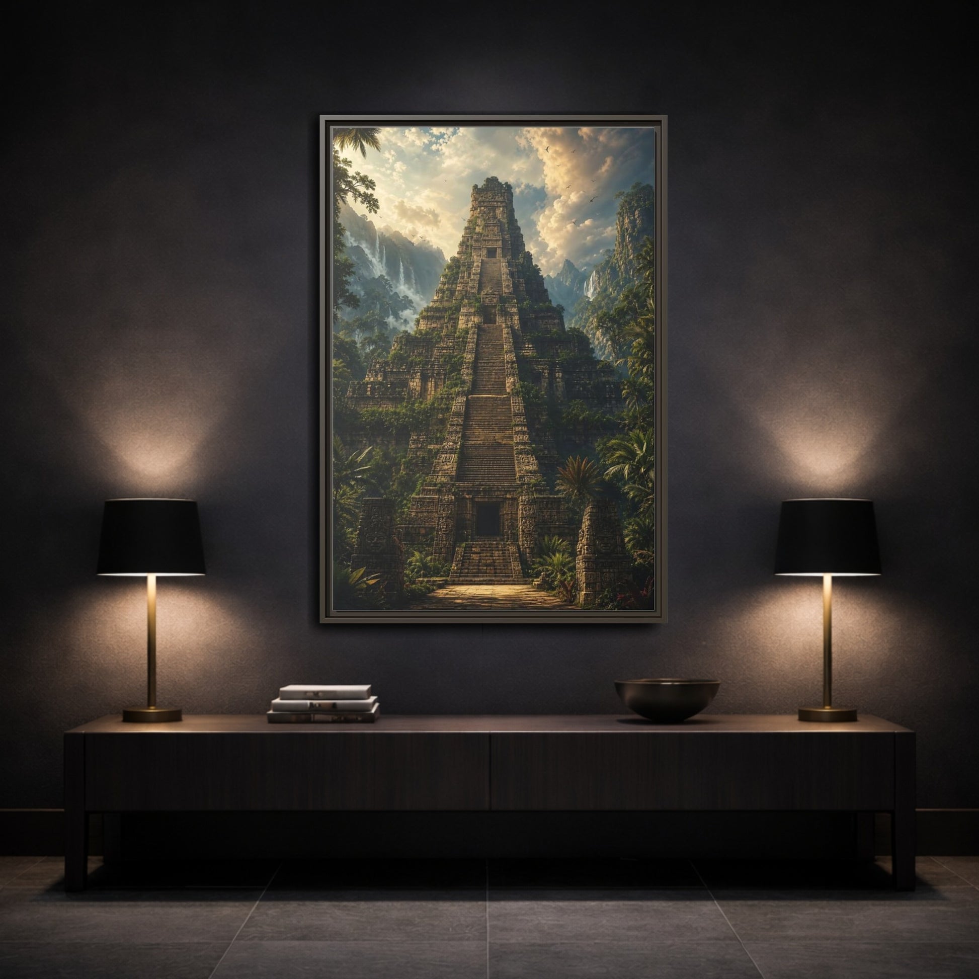 Mockup 3. Science Fiction Ancient Temple Jungle Temple shown as stretched canvas wall art