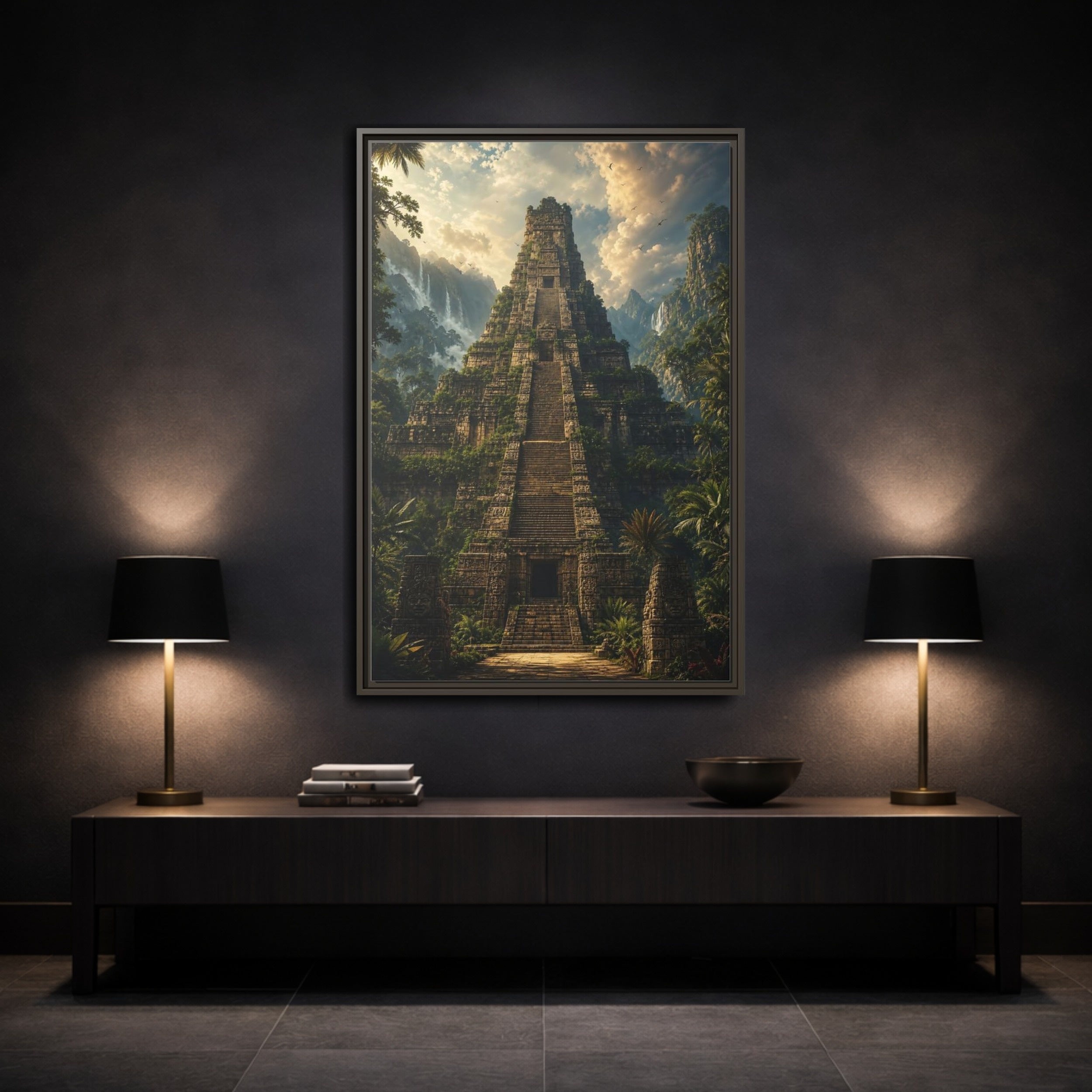 Mockup 3. Science Fiction Ancient Temple Jungle Temple shown as stretched canvas wall art