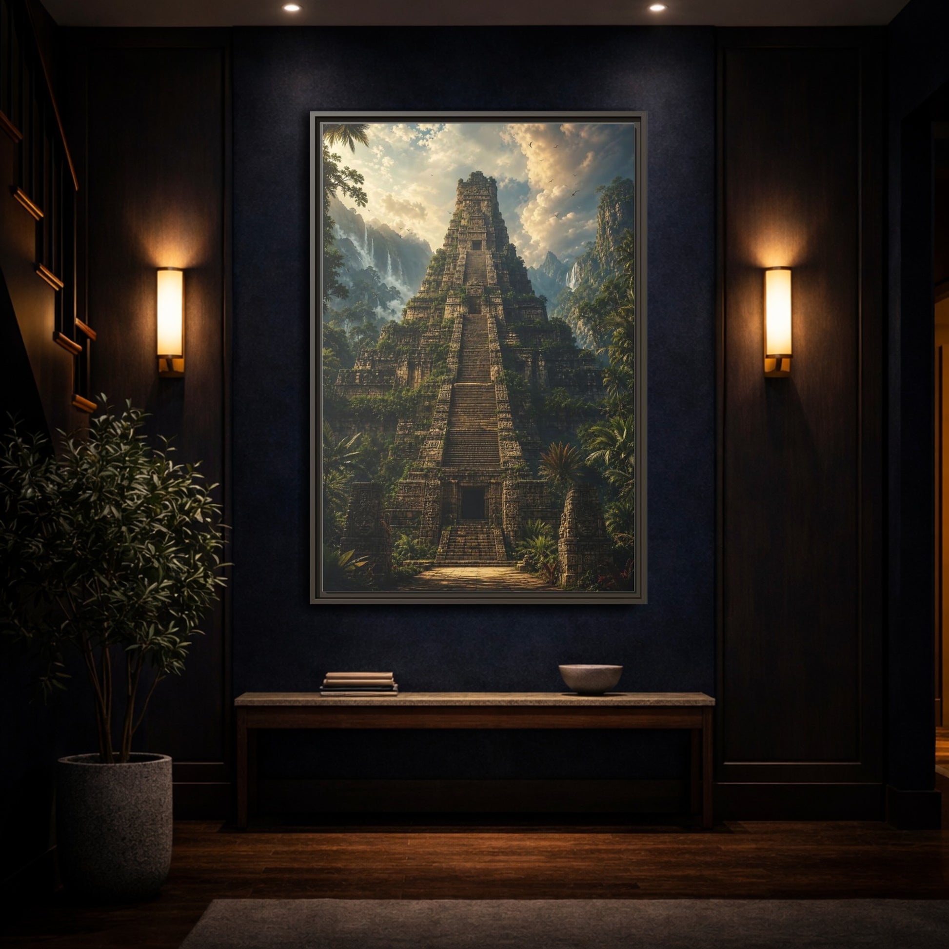 Mockup 4. Science Fiction Ancient Temple Jungle Temple shown as stretched canvas wall art