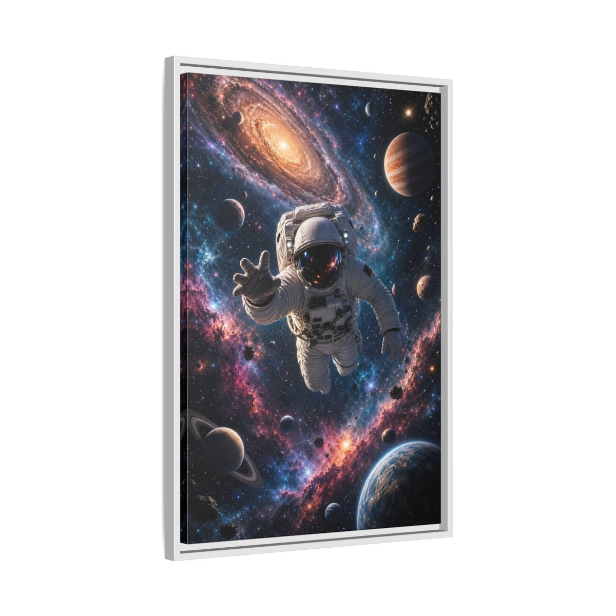 Science Fiction Astronaut Cosmic Space Framed Canvas Wall Art - Living Room, Above Fireplace shown as canvas wall art