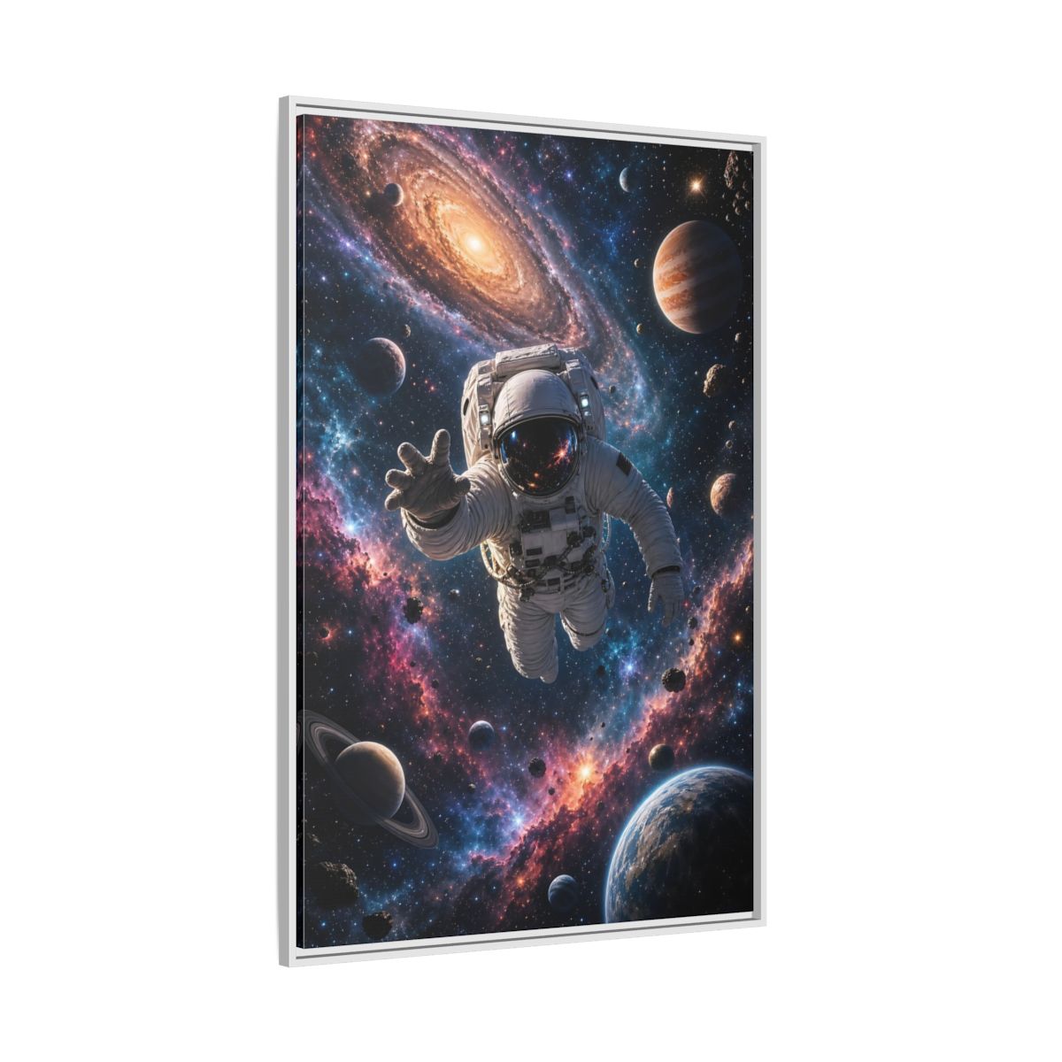 Science Fiction Astronaut Cosmic Space Framed Canvas Wall Art - Living Room, Above Fireplace shown as canvas wall art