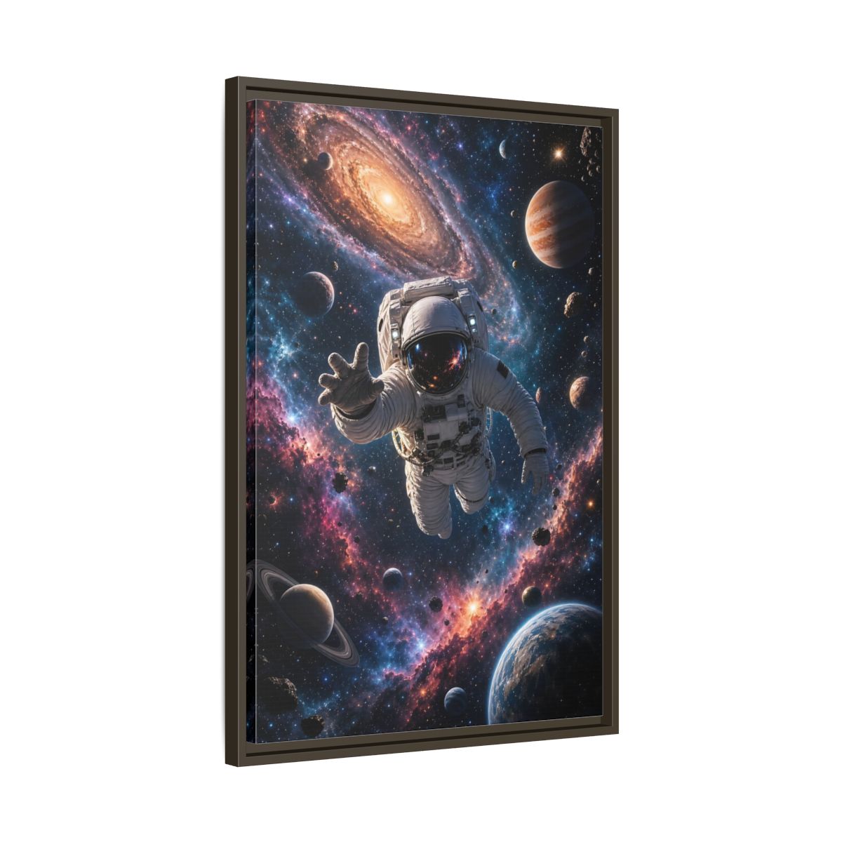 Science Fiction Astronaut Cosmic Space Framed Canvas Wall Art - Living Room, Above Fireplace shown as canvas wall art