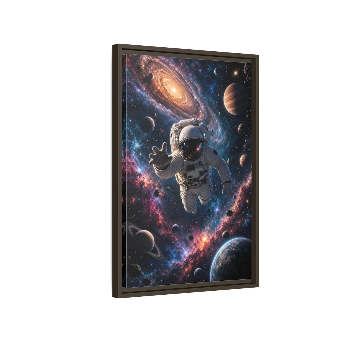 Science Fiction Astronaut Cosmic Space Framed Canvas Wall Art - Living Room, Above Fireplace shown as canvas wall art