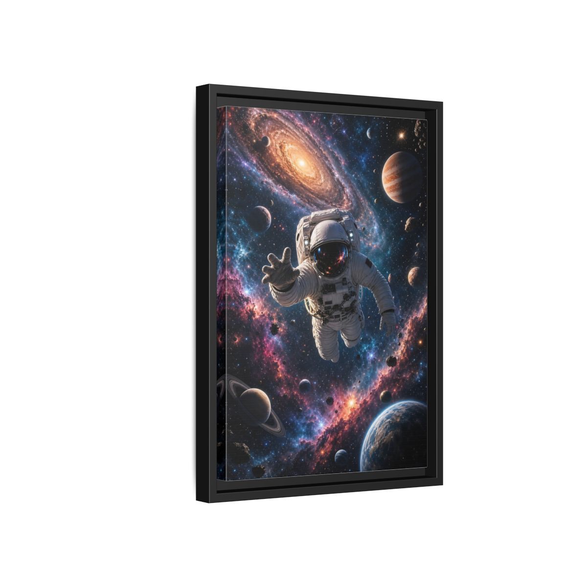 Science Fiction Astronaut Cosmic Space Framed Canvas Wall Art - Living Room, Above Fireplace shown as canvas wall art