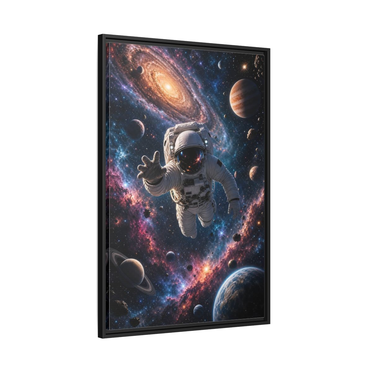 Science Fiction Astronaut Cosmic Space Framed Canvas Wall Art - Living Room, Above Fireplace shown as canvas wall art