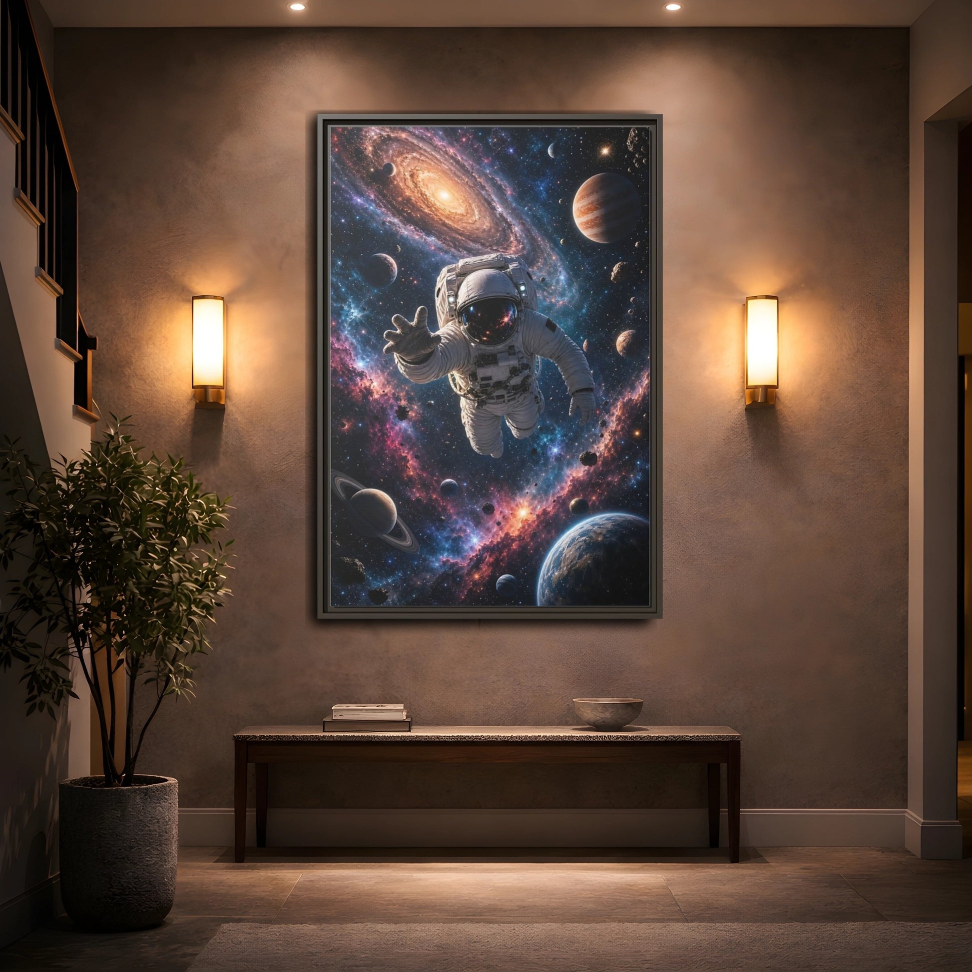 Science Fiction Astronaut Cosmic Space Framed Canvas Wall Art - Living Room, Above Fireplace shown as canvas wall art