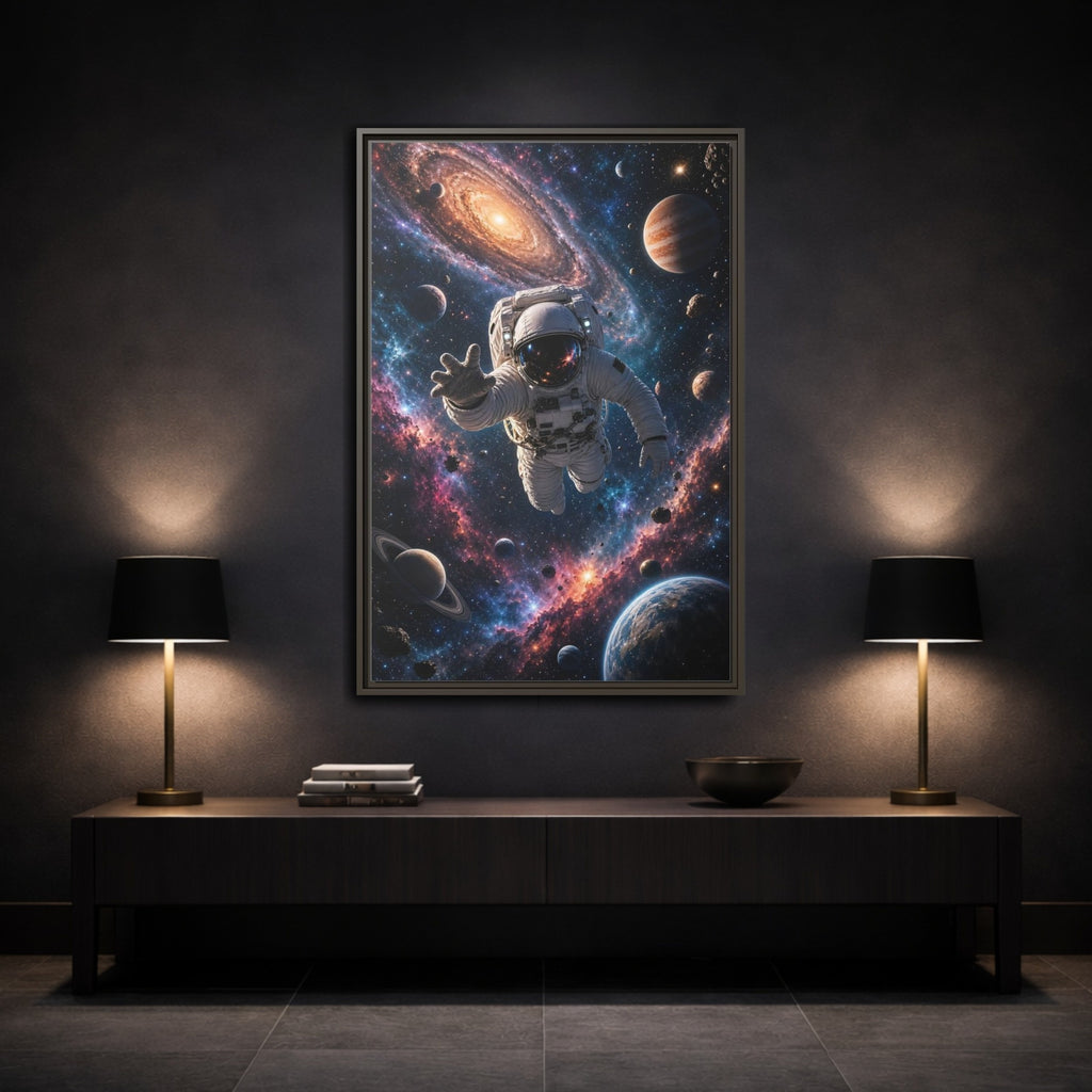 Mockup 3. Science Fiction Astronaut Cosmic Space shown as stretched canvas wall art