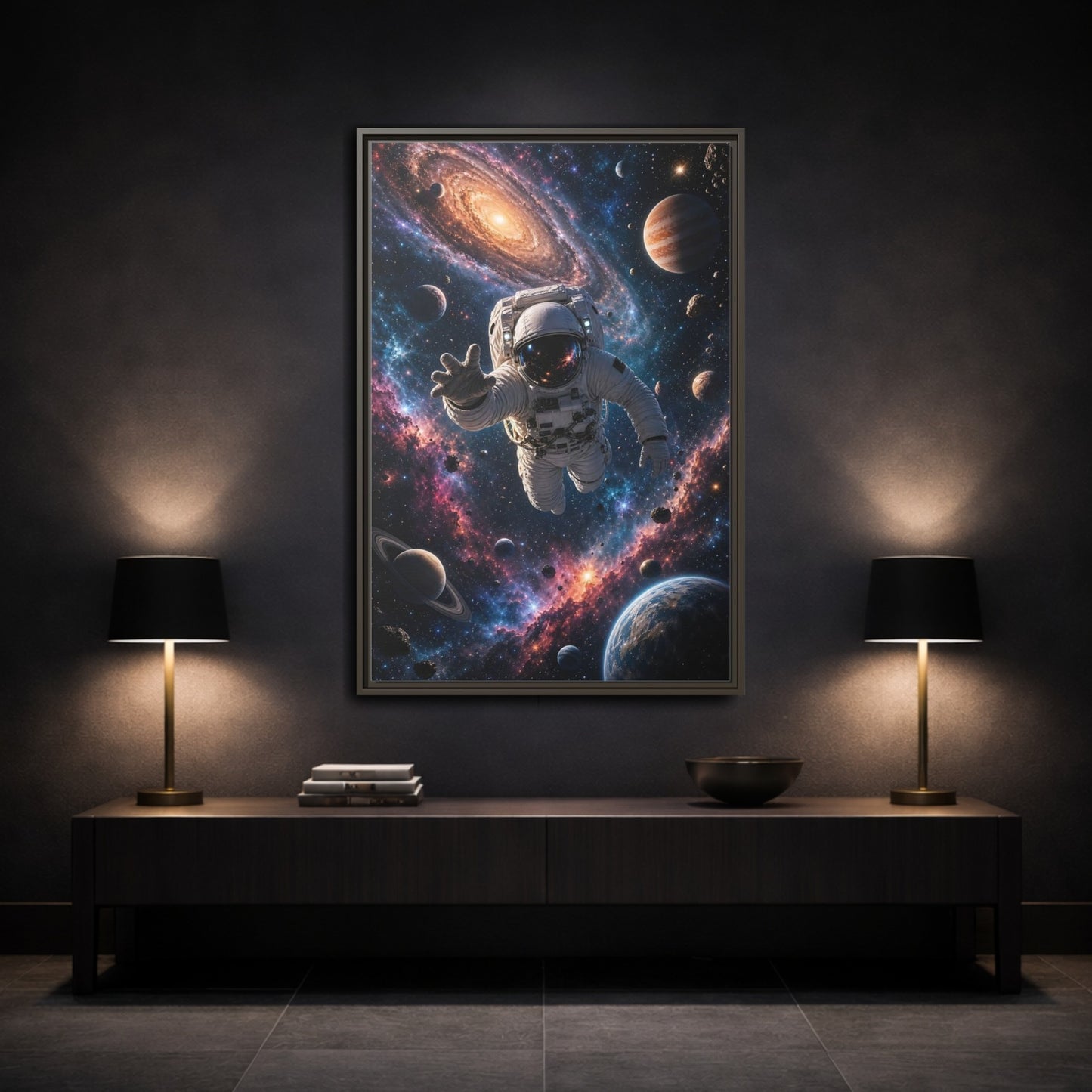 Science Fiction Astronaut Cosmic Space Framed Canvas Wall Art - Living Room, Above Fireplace shown as canvas wall art