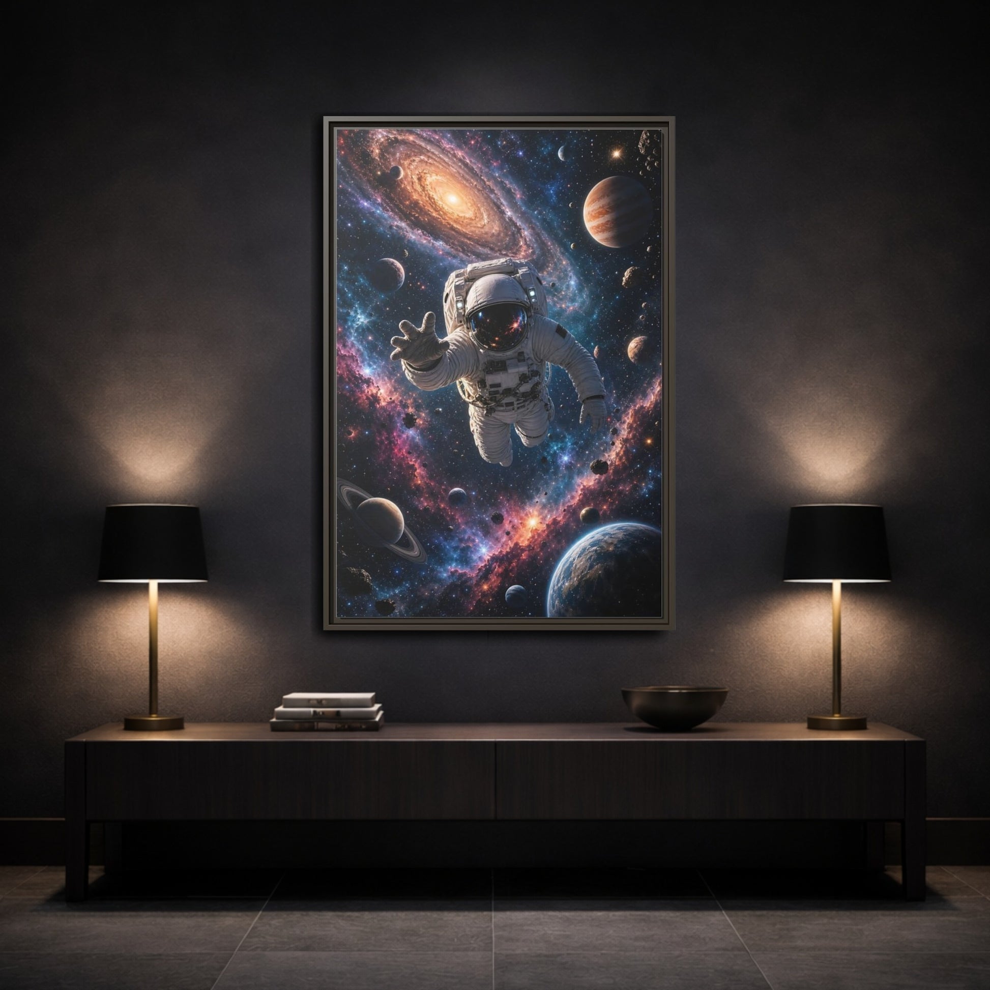 Science Fiction Astronaut Cosmic Space Framed Canvas Wall Art - Living Room, Above Fireplace shown as canvas wall art
