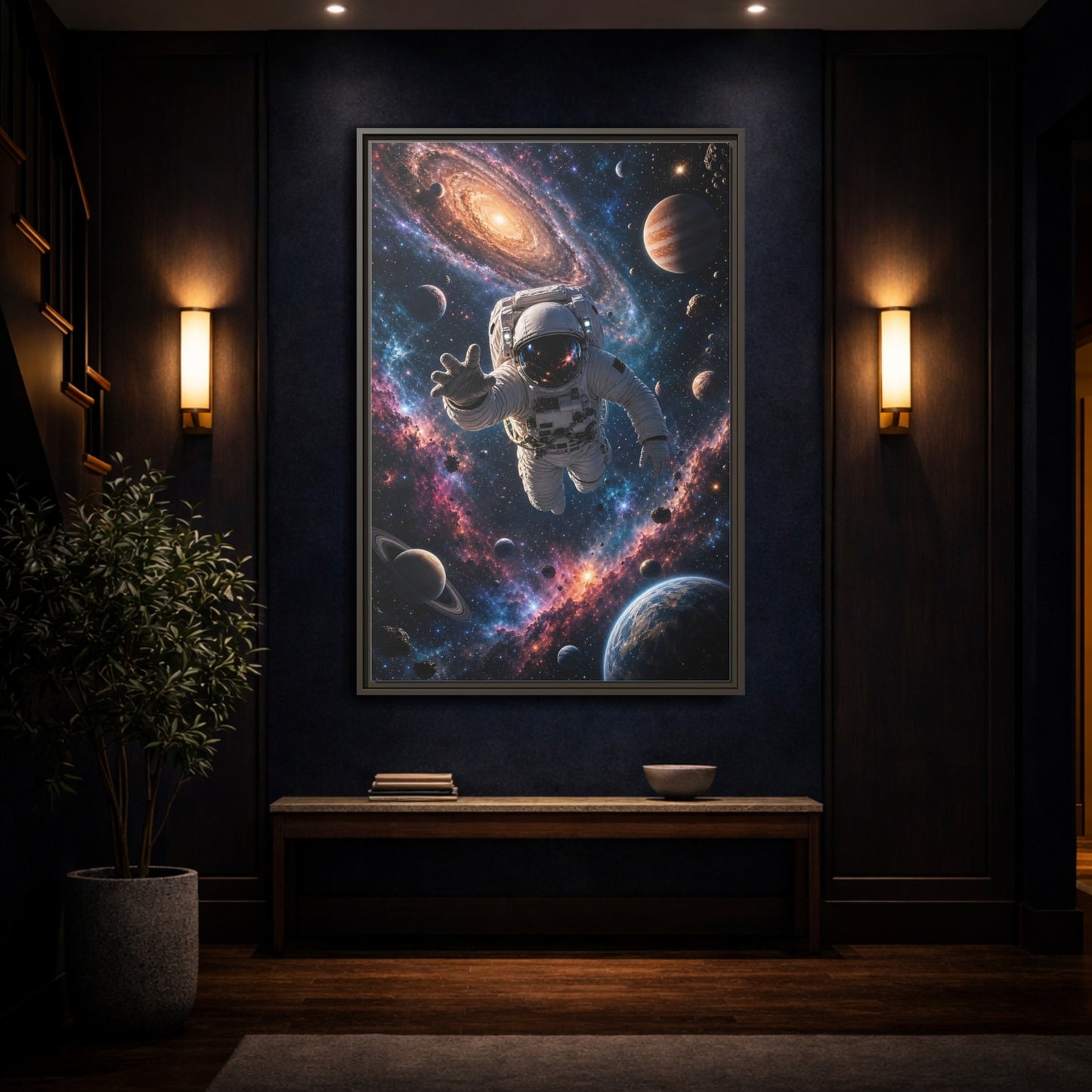 Science Fiction Astronaut Cosmic Space Framed Canvas Wall Art - Living Room, Above Fireplace shown as canvas wall art