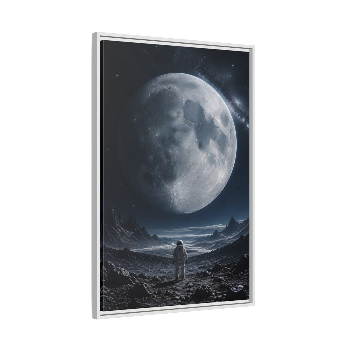 Side Mockup 9. Science Fiction Astronaut Dark Blue And Grey shown as stretched canvas wall art
