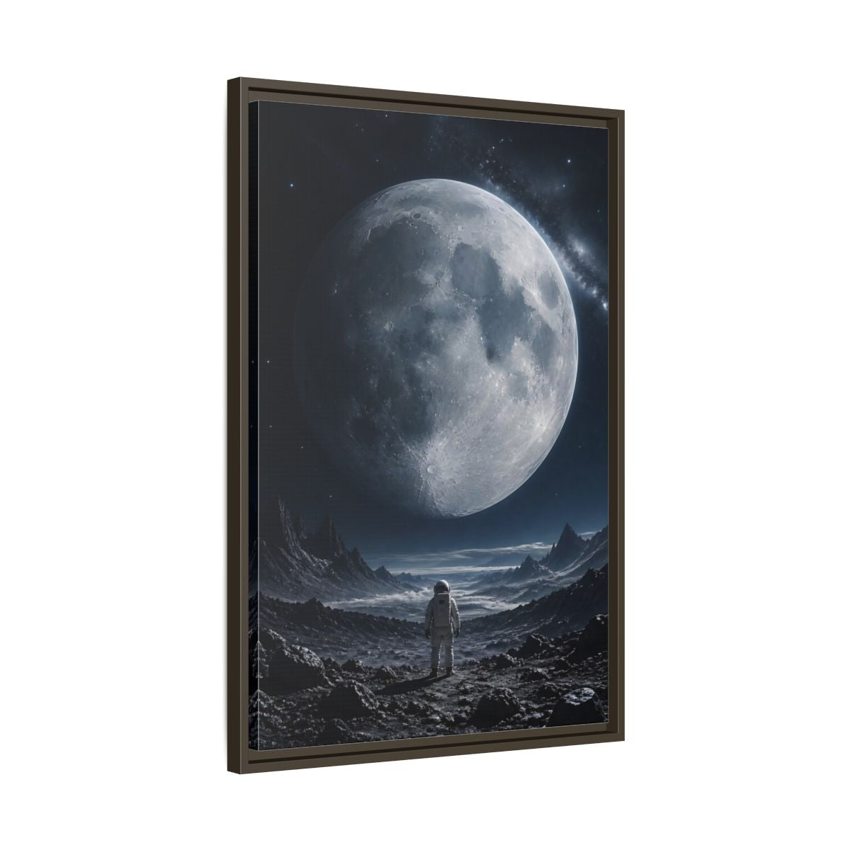 Side Mockup 11. Science Fiction Astronaut Dark Blue And Grey shown as stretched canvas wall art