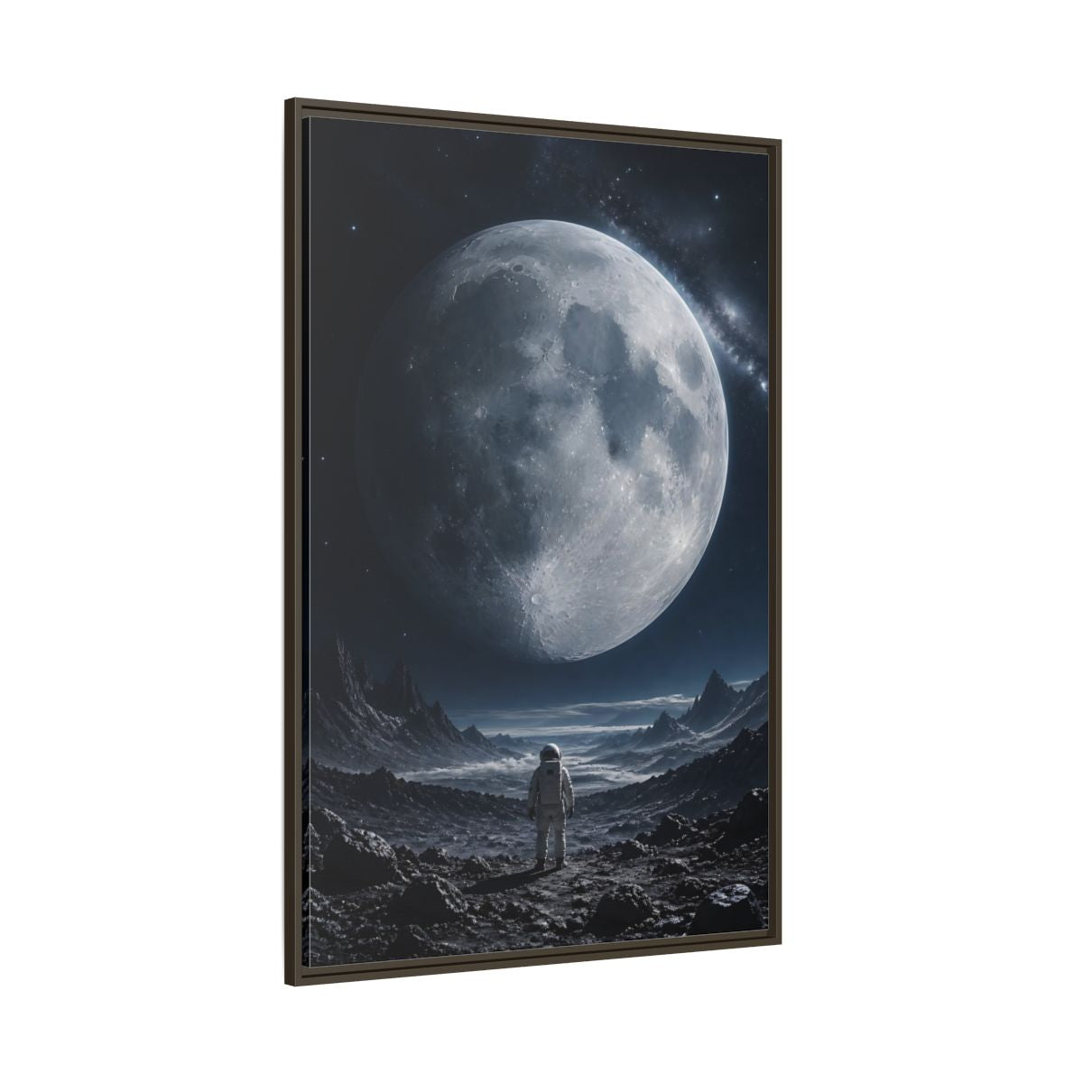 Side Mockup 8. Science Fiction Astronaut Dark Blue And Grey shown as stretched canvas wall art