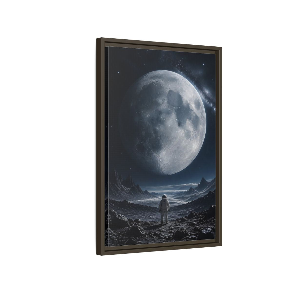 Side Mockup 2. Science Fiction Astronaut Dark Blue And Grey shown as stretched canvas wall art