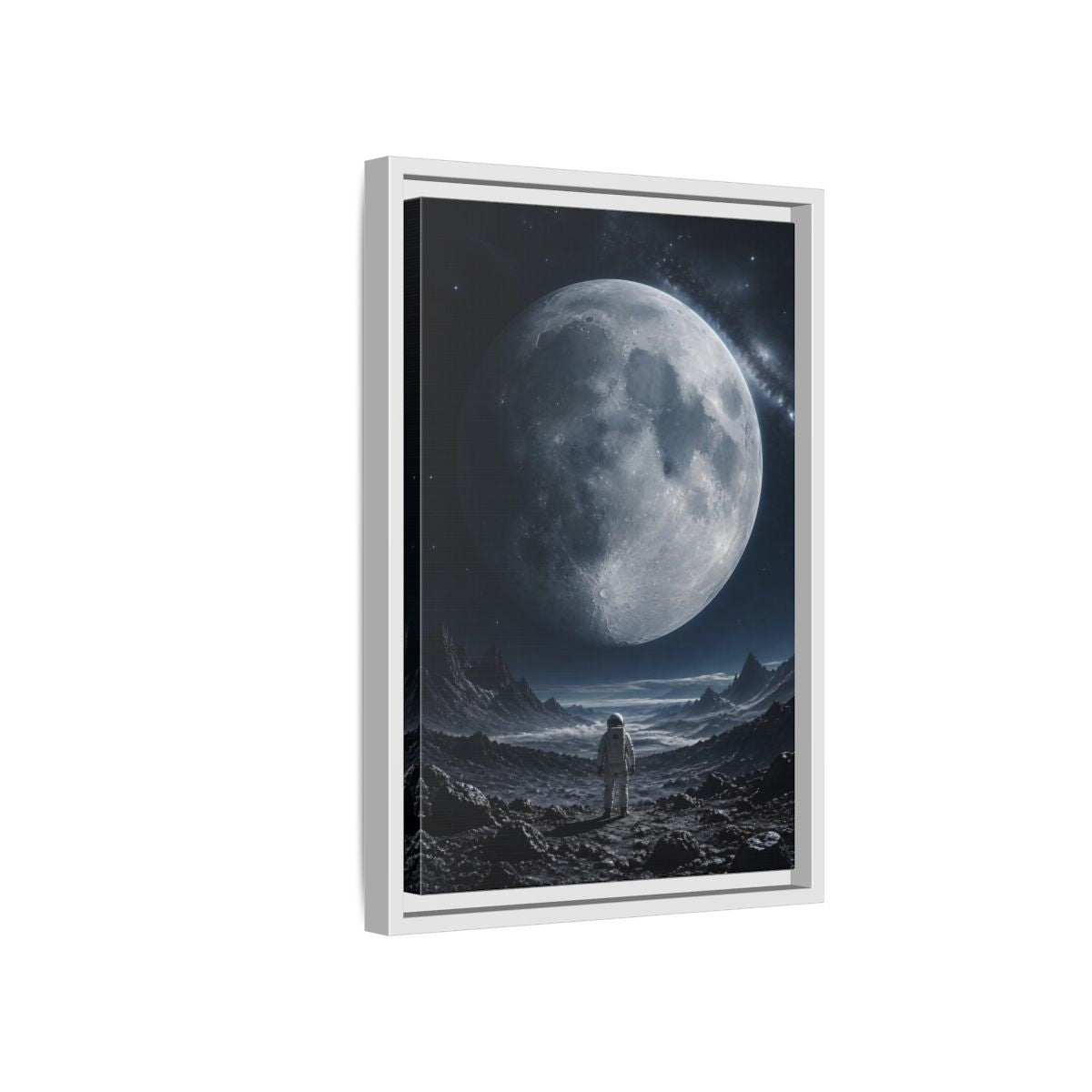 Side Mockup 4. Science Fiction Astronaut Dark Blue And Grey shown as stretched canvas wall art