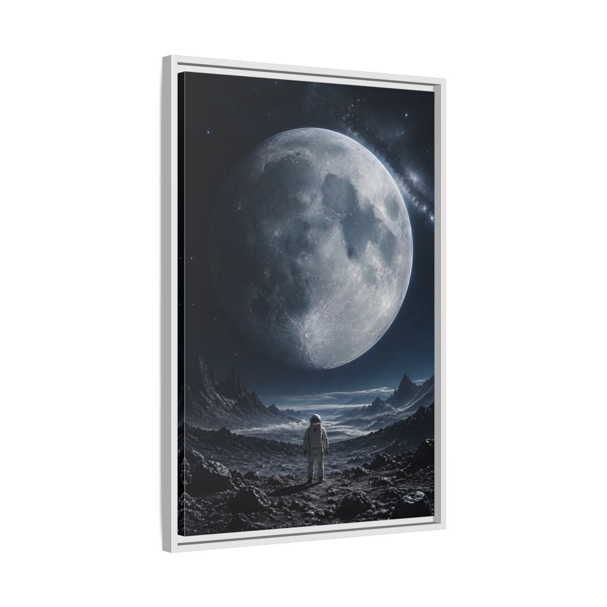 Side Mockup 10. Science Fiction Astronaut Dark Blue And Grey shown as stretched canvas wall art