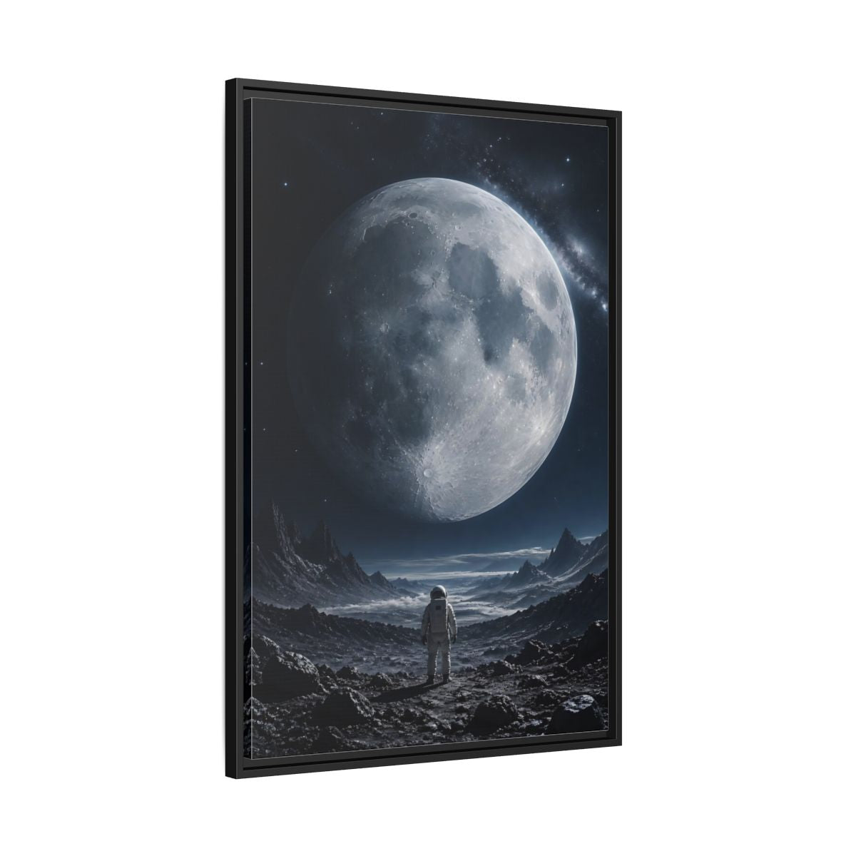 Side Mockup 13. Science Fiction Astronaut Dark Blue And Grey shown as stretched canvas wall art